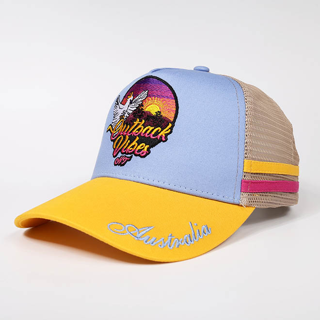 Custom 5 Panel Cotton 2 Tone 3D Embroidery Logo Side Strap Mesh Cap Trucker Hat