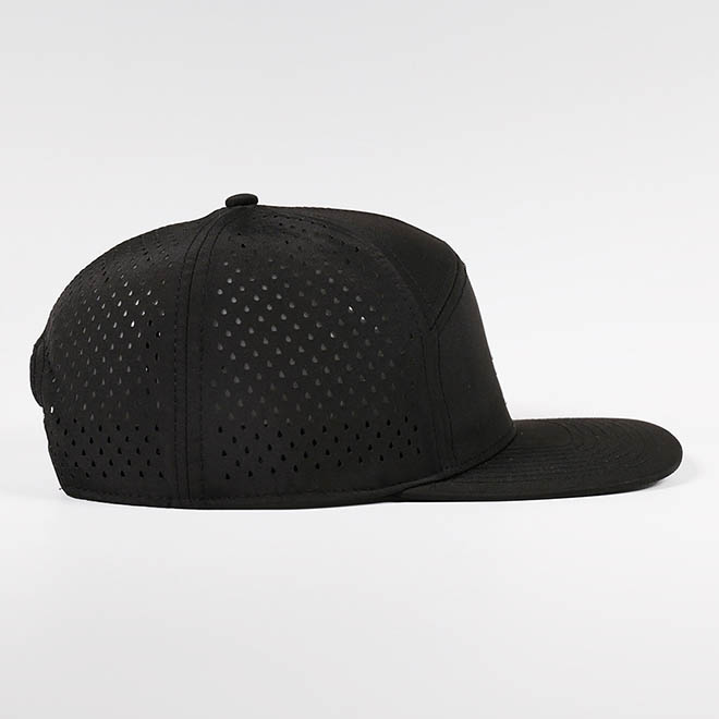 Custom 7 Panel Polyester TPU Patch Logo Laser Cut Hole Flat Brim Hat Snapback Cap