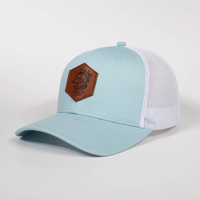 Custom 6 Panel Cotton Leather Patch Logo Curved Brim Mesh Cap Trucker Hat