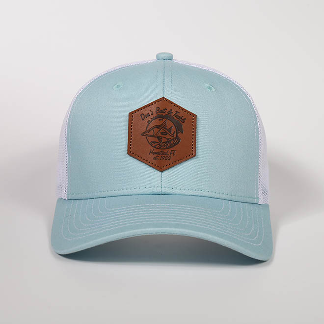 Custom 6 Panel Cotton Leather Patch Logo Curved Brim Mesh Cap Trucker Hat