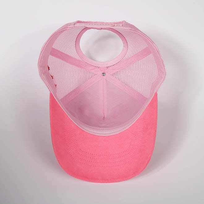 Custom 5 Panel Suede 3D Embroidery Logo Brim 2 Tone Ponytail Mesh Cap Trucker Hat