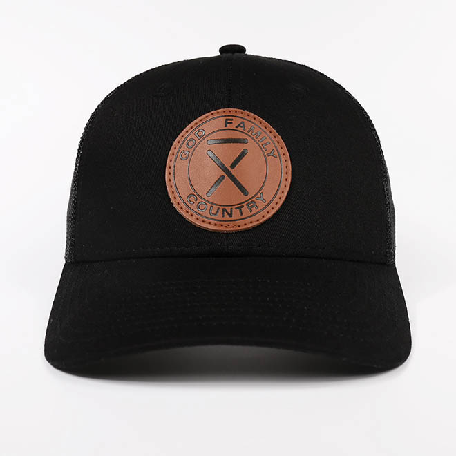 Custom Cotton 5 Panel Leather Patch Logo Black Mesh Cap Trucker Hat