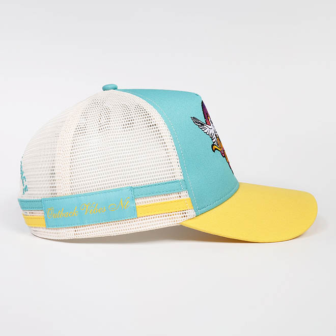 Custom 5 Panel Cotton 2 Tone 3D Embroidery Logo Side Strap Mesh Cap Trucker Hat