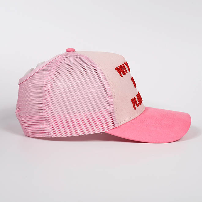 Custom 5 Panel Suede 3D Embroidery Logo Brim 2 Tone Ponytail Mesh Cap Trucker Hat