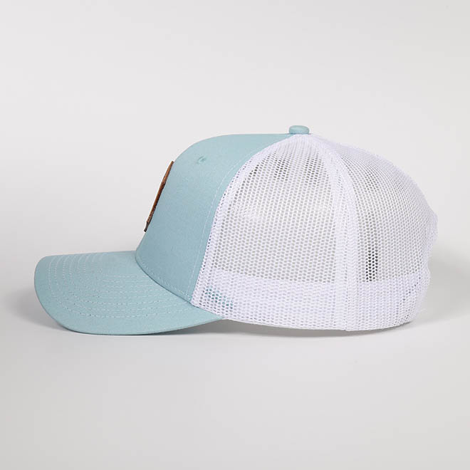 Custom 6 Panel Cotton Leather Patch Logo Curved Brim Mesh Cap Trucker Hat
