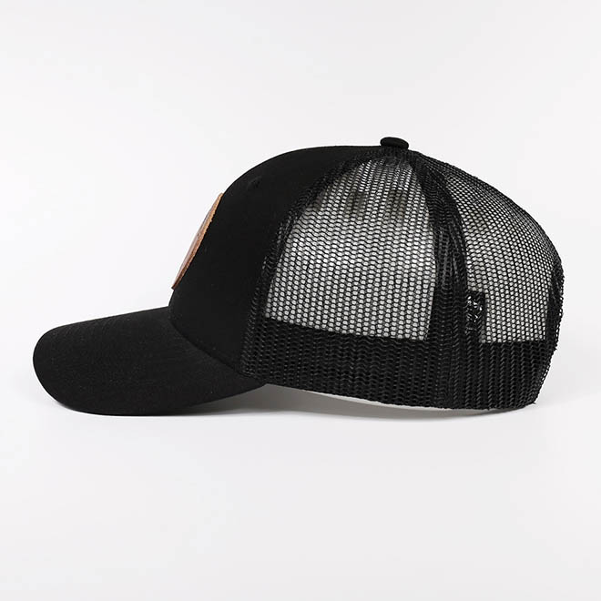 Custom Cotton 5 Panel Leather Patch Logo Black Mesh Cap Trucker Hat