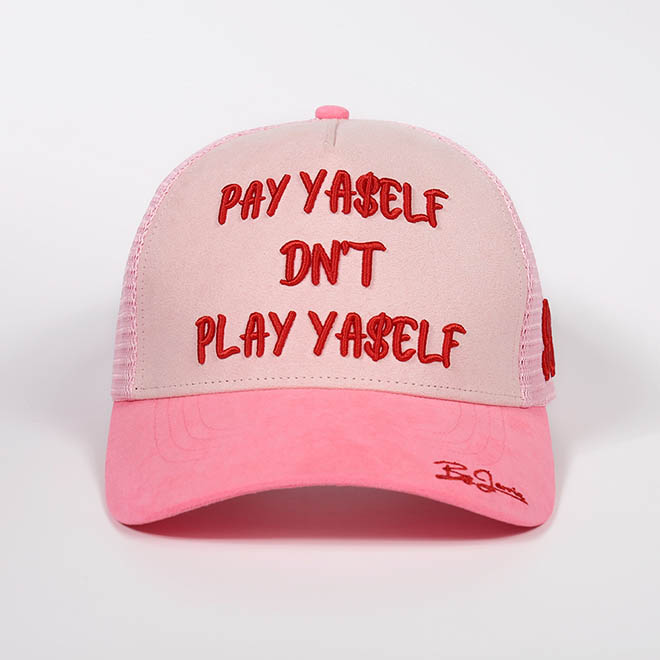 Custom 5 Panel Suede 3D Embroidery Logo Brim 2 Tone Ponytail Mesh Cap Trucker Hat
