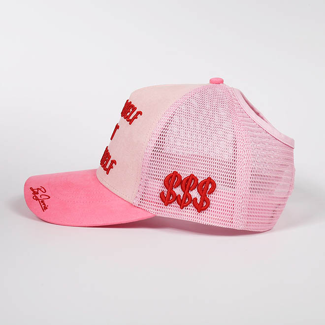 Custom 5 Panel Suede 3D Embroidery Logo Brim 2 Tone Ponytail Mesh Cap Trucker Hat