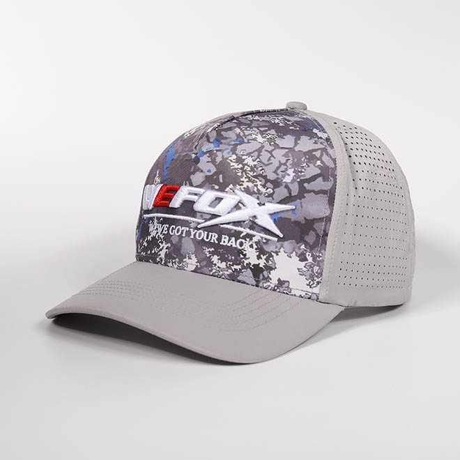 Custom 5 Panel Camouflage Patch 3D Embroidery Logo Polyester Laser Cut Hole Baseball Hat Cap