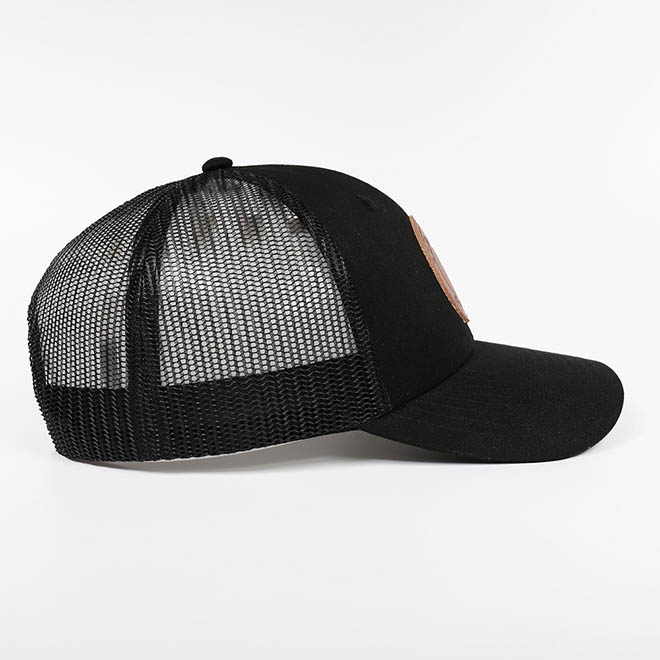 Custom Cotton 5 Panel Leather Patch Logo Black Mesh Cap Trucker Hat