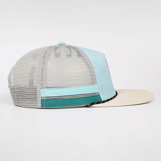 Custom 5 Panel Cotton Unstructured Embroidery Logo Flat Brim Side Strap Mesh Cap Trucker Hat