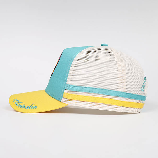 Custom 5 Panel Cotton 2 Tone 3D Embroidery Logo Side Strap Mesh Cap Trucker Hat