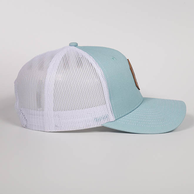 Custom 6 Panel Cotton Leather Patch Logo Curved Brim Mesh Cap Trucker Hat