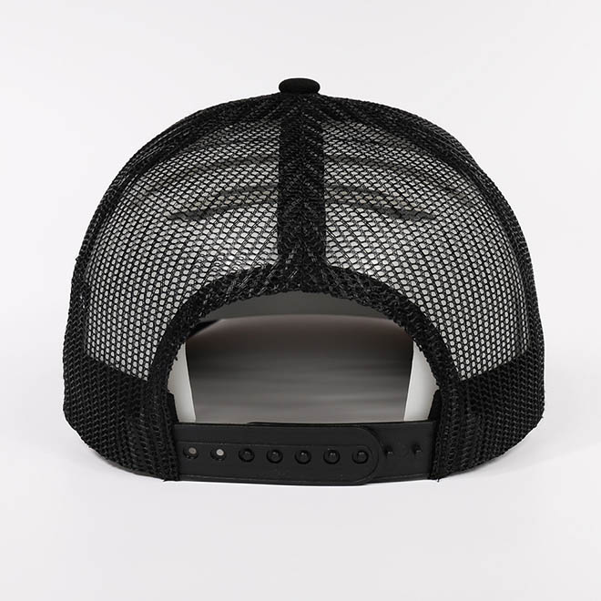 Custom Cotton 5 Panel Leather Patch Logo Black Mesh Cap Trucker Hat